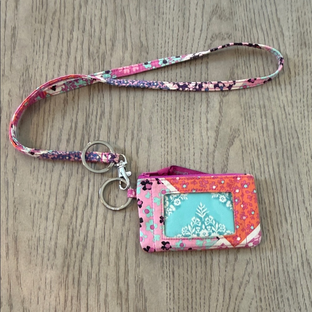 Vera Bradley Pink Floral Lanyard ID Holder with Key Ring